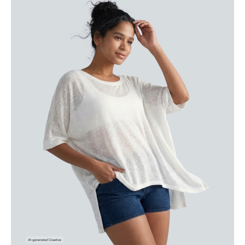 Halara Asymmetric Hem Sheer Oversize Casual Top White Large NWT